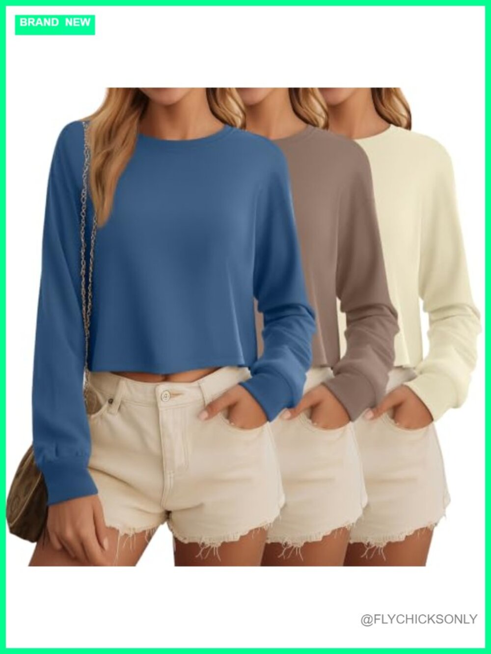 3 Pack Long Sleeve Cropped Tops Cotton Spandex Crew Neck Loose Fit Tees